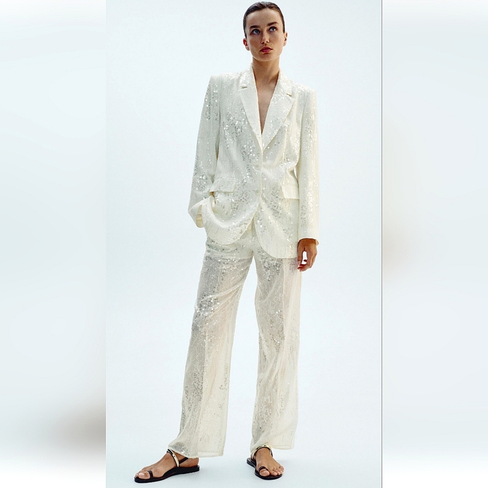 ZARA ZW OYSTER/WHITE SEQUIN STRAIGHT LEG PANTS ✨️✨️✨️